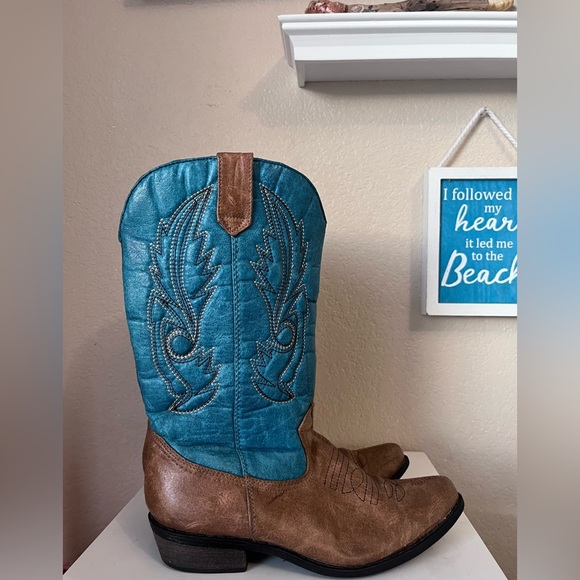Coconut By Matisse Youth Girls Western Boot Turquoise Brown point toe - Picture 3 of 13